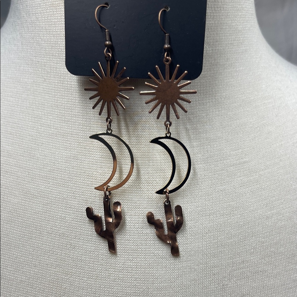 Copper Sun and Moon Cactus Earrings Lightweight